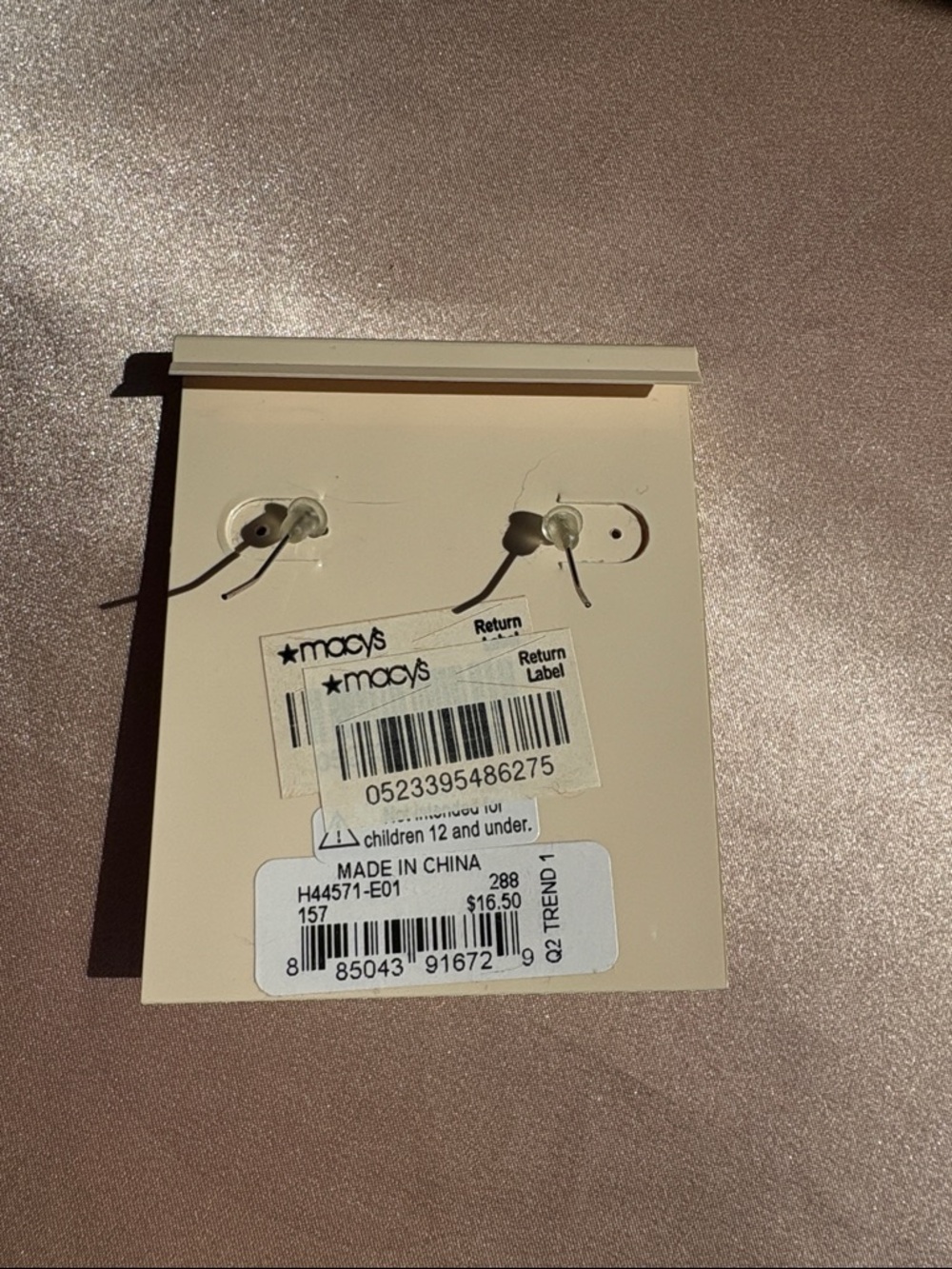 Macy's Cream Post Earring Card with Clear Rubber Backs - Picture 3 of 3